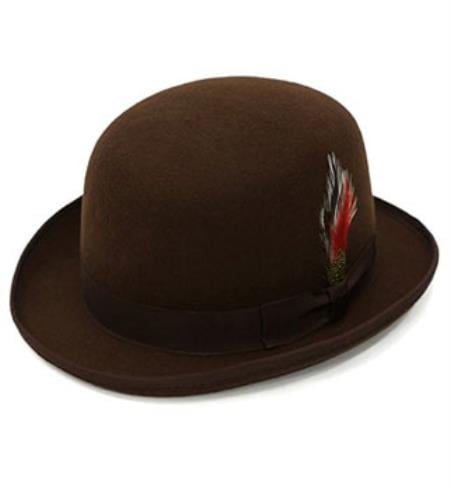 Men's brown wool derby hat. Classic design with rounded crown and narrow, upturned brim. Features a decorative feather accent.