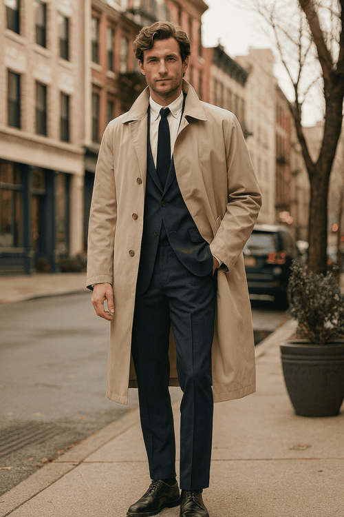 Khaki beige men's trench coat. Classic long overcoat design with button front closure. Features a structured silhouette and tailored fit.
