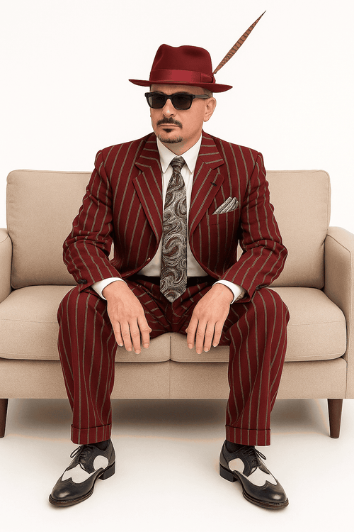 Burgundy Pinstripe Zoot Suit – 3 Piece 1920s/1930s Gangster Outfit (Jacket and Pants and Vest) Vintage Fashion