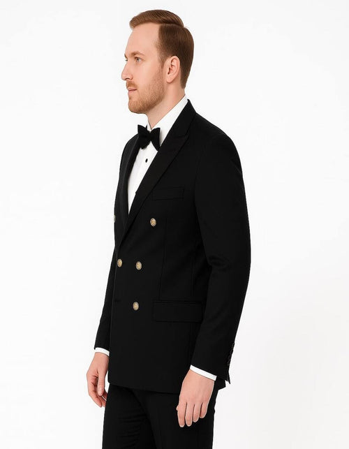 Men’s Black Double-Breasted Tuxedo – Classic Shawl Lapel Suit with Gold Buttons for Weddings, Galas, and Black Tie Events