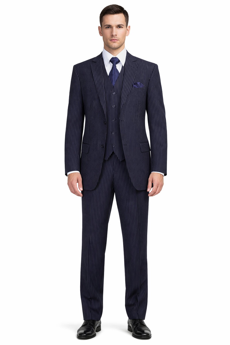 Classic Fit Pleated Pants - 2 Button Suit Pinstripe - Vested Suit 3 Pieces Suits Navy