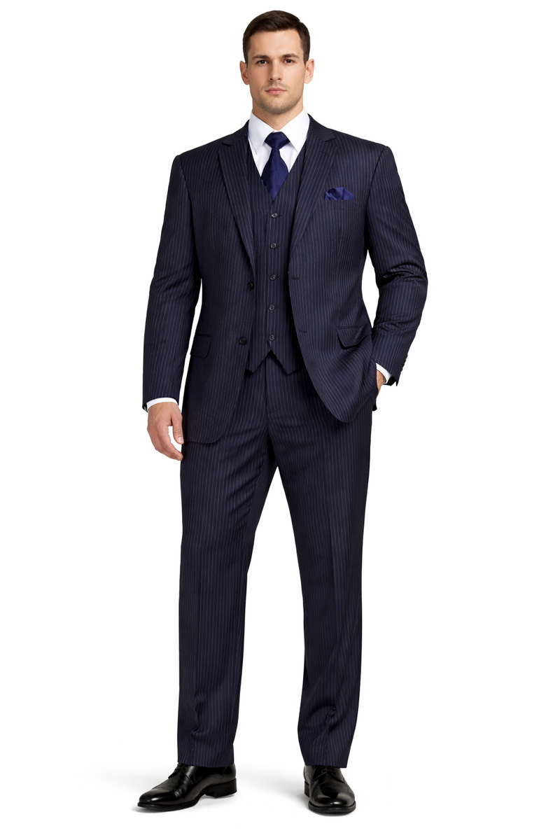 Classic Fit Pleated Pants - 2 Button Suit Pinstripe - Vested Suit 3 Pieces Suits Navy