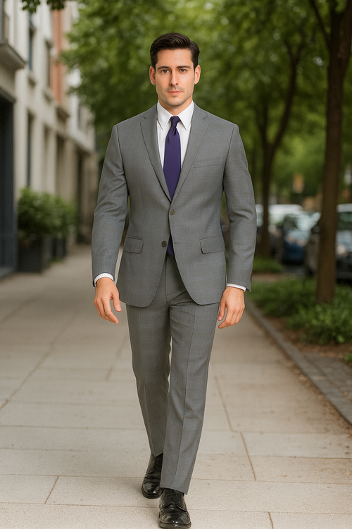 Mens 2 Button Peak Lapel Modern Plaid Suit in Grey