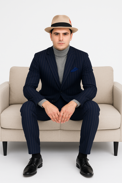 Suit And Turtleneck Combo - Turtleneck Prom Outfits - Prom Turtleneck Navy Suit