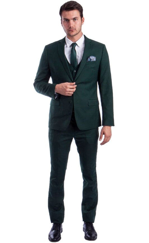 Men's Two Button Slim Fit Notch Lapel Vested Solid Basic Color Suit in Forest Green