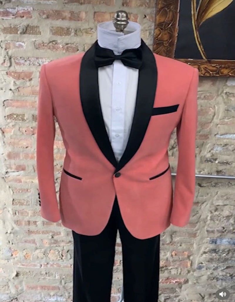 Mens Coral Pink Tuxedo Jacket with Black Satin Shawl Lapel Velvet Fabric - Modern Slim Fit Formal Blazer