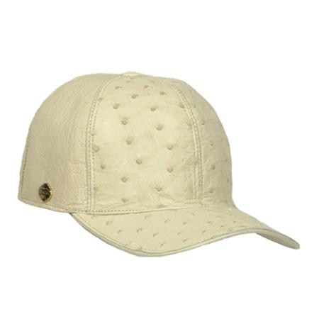 Genuine ostrich leather baseball cap. Ivory off-white color. Rounded crown, curved peak. Raised, punctured patterns.