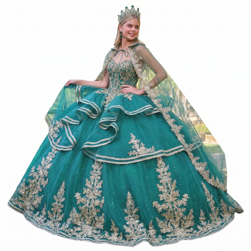 Elizabeth K GL3671 Emerald Green Quinceañera Ball Gown – Strapless Sweetheart Beaded Corset Dress with Ruffle-Tier Skirt & Embroidered Cape