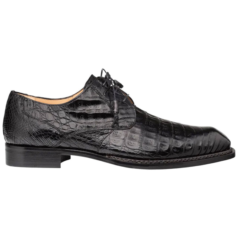 Men's Cratos black derby shoes with pointed toe and elongated shape. Black crocodile-embossed leather upper with textured pattern. Lace-up closure and low stacked heel.