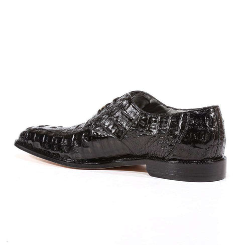 Belvedere Chapo Oxfords: Black, shiny crocodile hornback leather. Sleek shape, pointed toe, low heel. Distinct scale patterns on upper, durable flat sole.