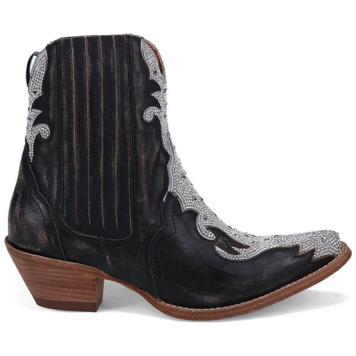 Dan Post Women's Crystal Black bootie: black leather with silver accents, snip toe, and stacked heel. Features decorative cutouts and intricate stitching for a textured, stylish finish.