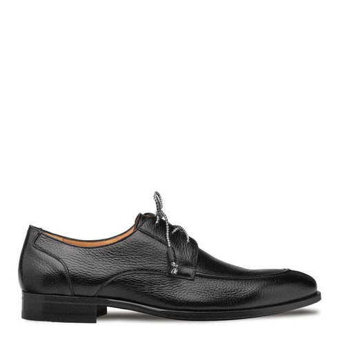 Men's Fratello black deerskin split-toe lace-up shoes. Textured black deerskin upper, gray laces. Elegant, streamlined design with a smooth lining and solid black heel.