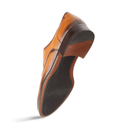 Mezlan Fratello cognac deerskin lace-up. Features split toe, stacked heel, and leather sole with rubber for traction. Precise stitching details.