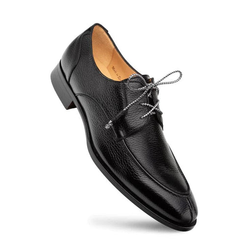 Fratello men's black deerskin split toe lace-up shoes. Smooth black leather upper, gray laces, and rounded toe. Light lining, dark, sturdy sole. Stylish and durable.