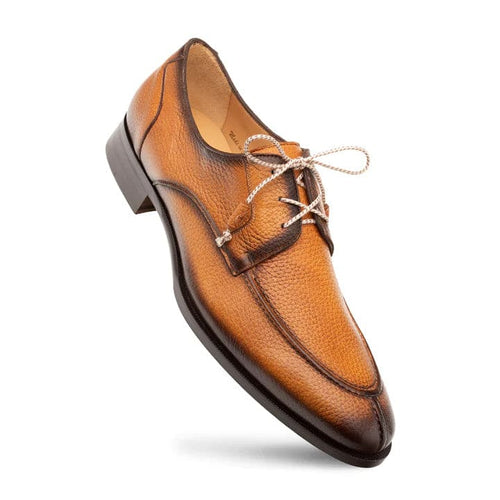 Mezlan's Fratello men's shoes: cognac deerskin, split toe, lace-up design. Features a slim, elongated shape with textured leather and a contrasting dark brown outsole. Light-colored laces.