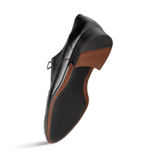 Fratello men's black deerskin split-toe lace-up shoes. Rounded black upper, contrasting light brown mid-sole, and black rubber sole. Classic lace closure.