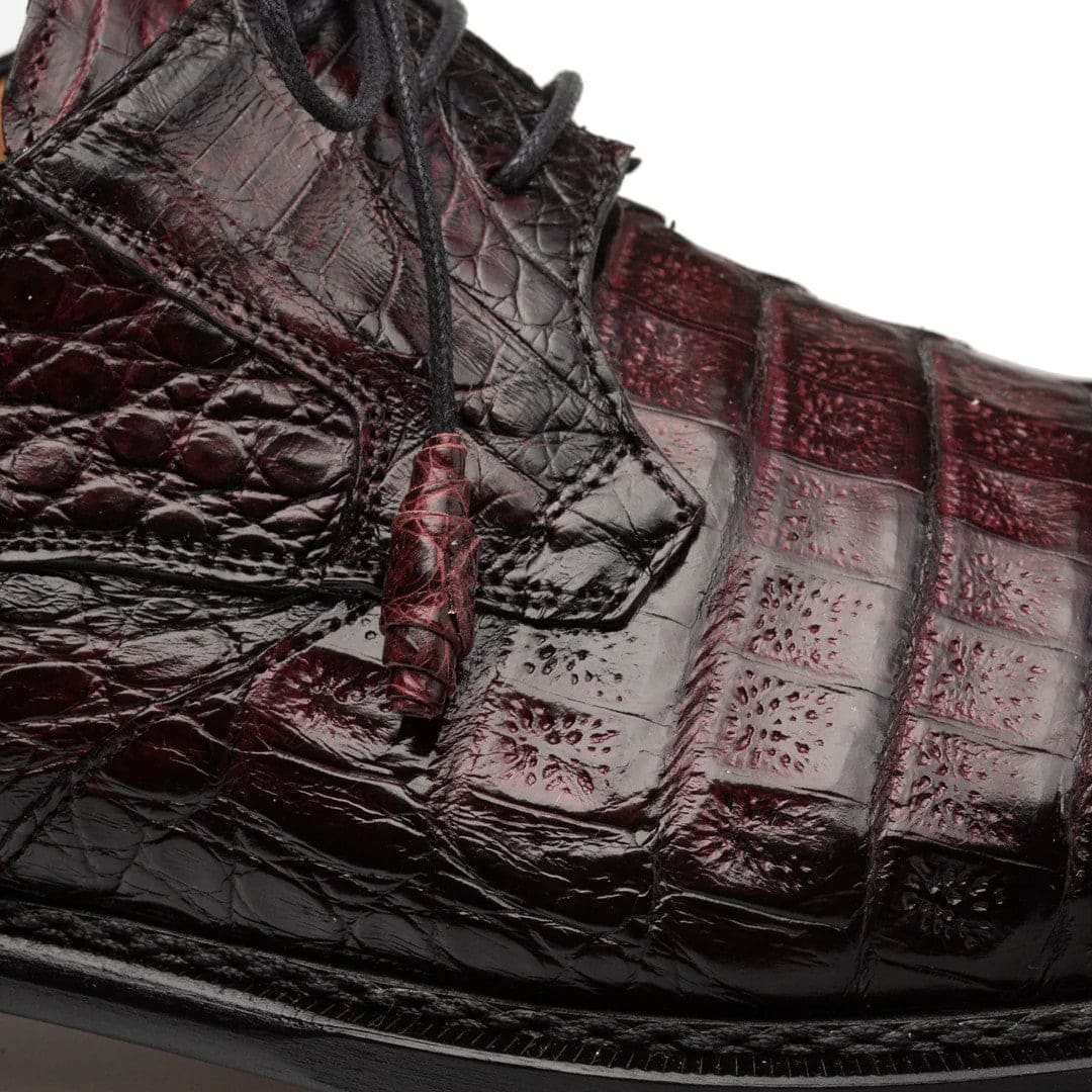Giovane Burgundy Genuine Crocodile Cap Toe Derby by Mezlan – Exotic Men’s Dress Shoe Made in Spain