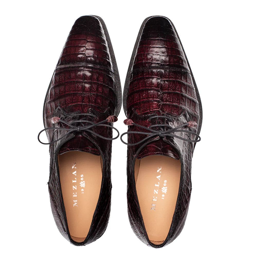 Giovane Burgundy Genuine Crocodile Cap Toe Derby by Mezlan – Exotic Men’s Dress Shoe Made in Spain