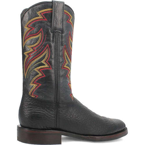 Black leather western boot with round toe & textured surface. Red & yellow embroidered upper. Stacked wooden heel & pull tab for easy wear.