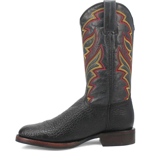 Dingo black leather Western boots. Round toe, textured leather with yellow/red stitching. Low heel, mid-calf height. Slightly pointed toe.