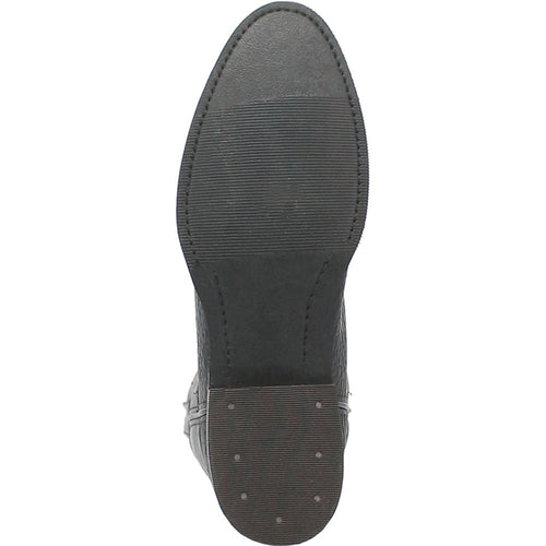 Dingo black leather western boots with round toe. Smooth, slightly textured black leather upper. Flat black sole with traction ridges. Traditional, sturdy design.