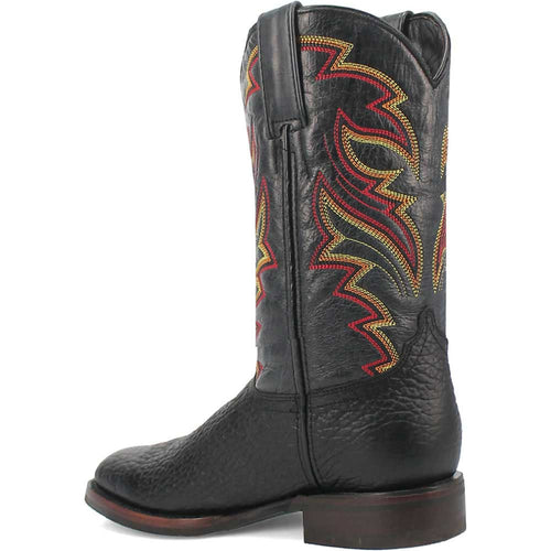 Dingo black western boots with textured leather upper, round toe, and decorative red/gold stitched shaft design. Slightly raised heel, streamlined silhouette.