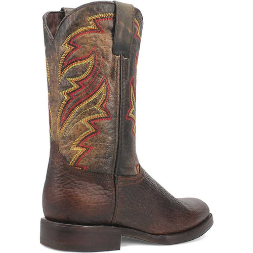 Dingo Western boots: Round toe, brown leather with textured detailing. Orange & yellow swirling stitched shaft. Dark brown, flat sole.