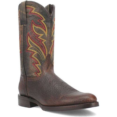 Dingo western boots. Brown textured leather body with orange/yellow flame stitching. Round toe, raised heel. Tall shape with scalloped top, highlighting the classic western design.