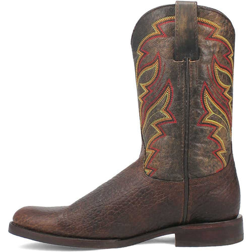 Dingo western boots with a brown textured leather exterior and orange/yellow stitching. Features a round toe, low heel, and smooth toe finish.