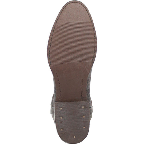 Brown & orange Dingo western boot sole. Round toe, textured leather. Predominantly brown with horizontal grooves. Features small metal nail details along the edge.