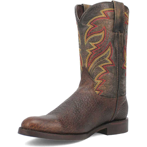 Dingo western boots: brown leather upper with flame-pattern stitching. Round toe, low heel, and traditional western design elements. Brown and orange colorway.