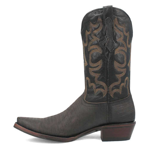 Dingo's Duke Black Snip Leather Western Boots: Black leather, pointed toe, elevated heel. Gold stitching adorns the upper and shaft. Dark sole complements the design.