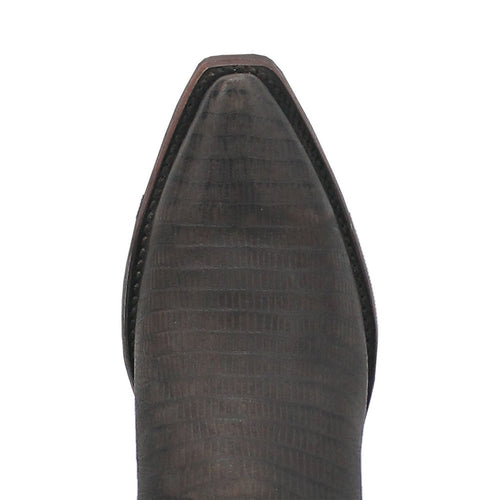 Dingo Duke Black Snip Western Boots: Black leather, pointed toe, snip design. Textured, glossy upper. Structured silhouette with smooth seam detail.