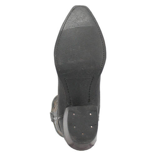 Dingo Duke Black Snip Western Boots: Sleek, pointed toe, flat black rubber sole with ribbing. Angled heel, reinforced with a smooth finish and small holes. Streamlined silhouette, classic western style.