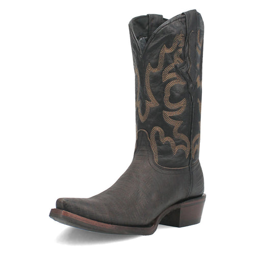 Dingo Duke Black Snip Western Boots: Tall black leather boots with contrasting decorative stitching. Features a pointed shaft, block heel, and slightly tapered toe for a classic western look.