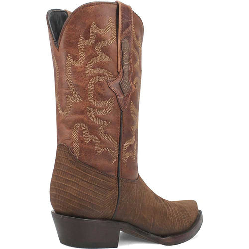 Dingo Duke Brown Snip Western Boots: Tall brown leather upper with textured finish and curved top. Intricate light stitching on the shaft. Pointed toe, wider base, and stacked heel.