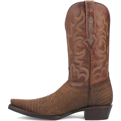 Dingo Duke Brown Snip Western Boots. Tall shaft, pointed toe, low stacked heel. Brown leather with textured finish and decorative stitching. Flat sole for stability and a structured silhouette.