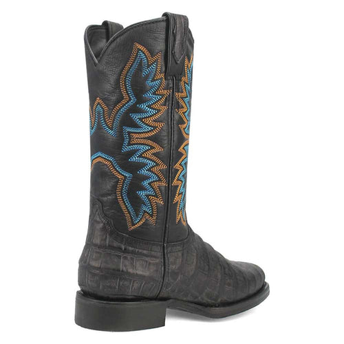 Black leather boots with round toe and textured finish. Decorative blue & orange stitching. Moderate heel, rounded shaft.