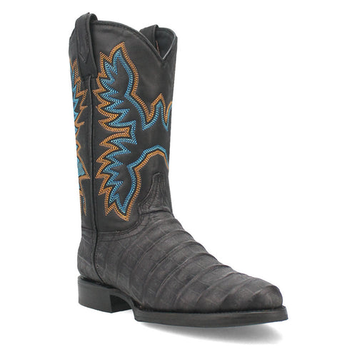 Black leather round-toe boots with textured stitching and a blue/orange embroidered shaft. Flat, sturdy sole.