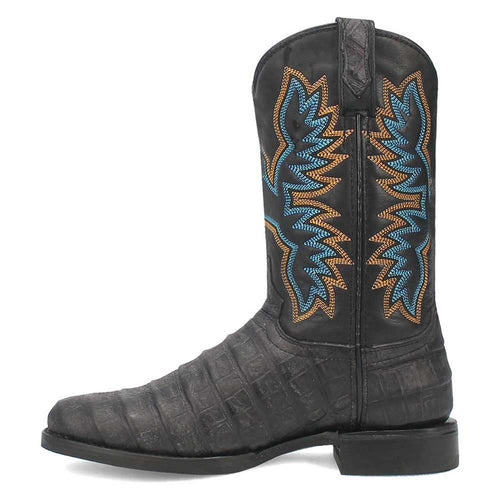 Black leather round-toe boots with crocodile-textured surface. Blue/orange embroidered shaft design. Stacked black heel.