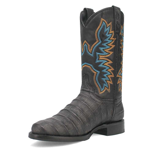 Dingo black leather boots with round toe, tall shaft, and blue/orange embroidery. Textured, slightly worn leather. Stacked heel. Streamlined silhouette.
