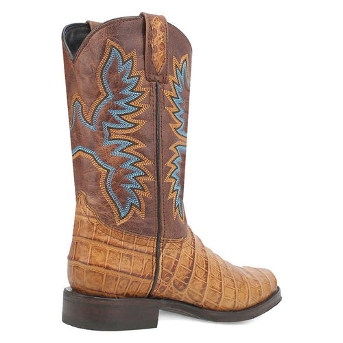 Dingo tan leather boots with round toe, textured crocodile-like lower, and embroidered blue/orange upper. Low stacked heel, pull tabs.