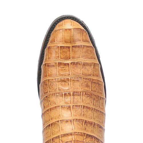 Tan leather boots with crocodile skin texture, round toe and dark sole edges. Warm tan color with visible pattern.