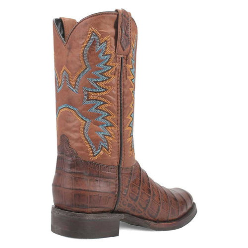 Dingo brown leather boots with round toe. Mixed smooth & textured leather, patterned shaft with blue & gold stitching. Stacked, moderately raised heel.