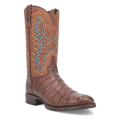 Brown leather round-toe boots with tall, trimmed shaft. Textured, crocodile-patterned finish. Blue & yellow embroidered shaft design. Low, stacked heel. Primarily leather construction with contrasting stitching.