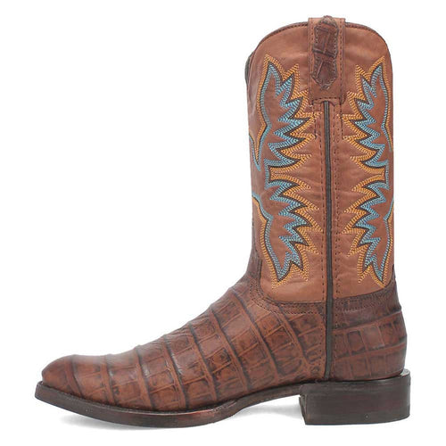 Dingo brown leather boots with round toe and crocodile-like textured toe. Blue and gold shaft stitching. Slightly elevated, square heel.