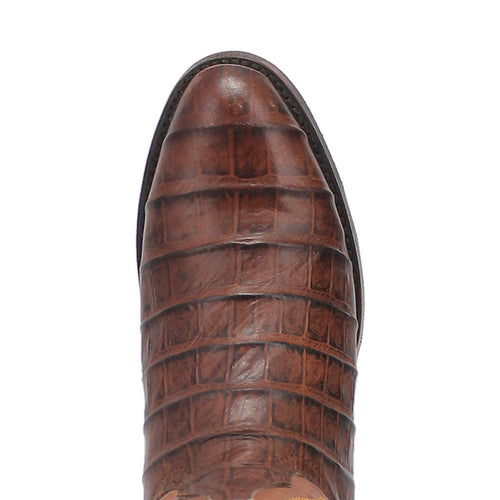Dingo brown leather boots with round toe, crocodile-textured surface, and smooth finish. Slightly raised heel, no embellishments.