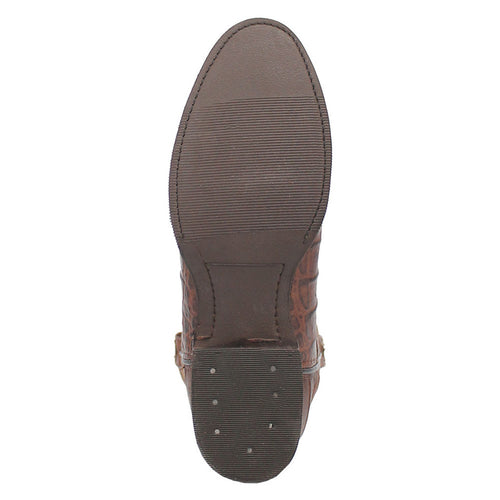 Dingo brown leather boots with round toe and textured upper. Smooth toe cap. Brown sole with traction ridges. Classic style and durability.