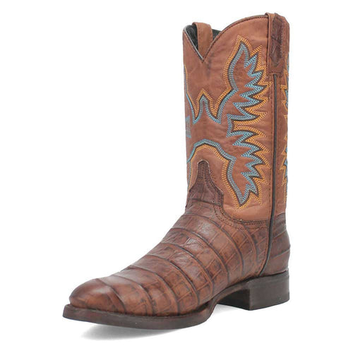 Brown leather round-toe boots with stitched shaft design and blue/gold detail. Textured, rich brown body. Flat sole with small heel. Shaft extends above ankle.