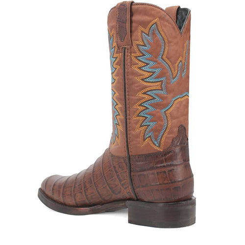 Dingo brown leather boots with textured upper and stitched blue/yellow design. Round toe, stacked heel, mid-calf shaft. Durable, slightly glossy leather.
